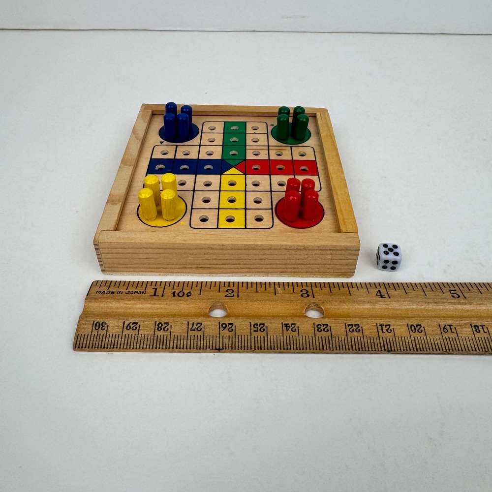 Mini Small Travel Ludo Game 1 Dice Wooden Slide Top Red Blue Yellow Green Pieces